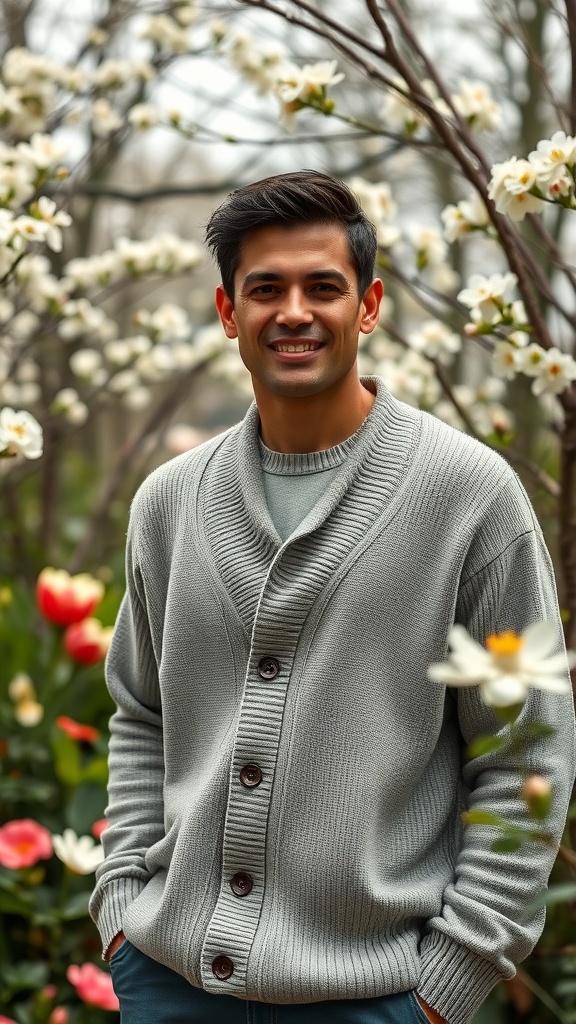 A man wearing a light grey cardigan, smiling in a garden filled with flowers.