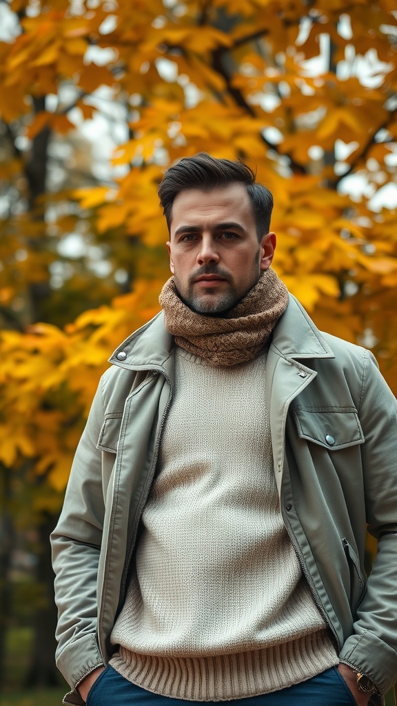 A man wearing a stylish layered outfit with a scarf, set against a backdrop of autumn leaves.