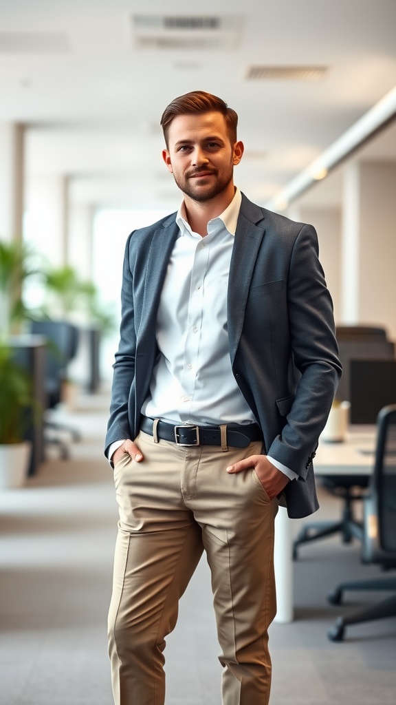 A man in a white shirt and blazer, standing confidently in an office environment.