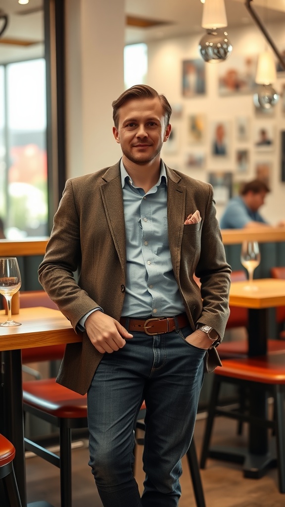 A man in a smart casual outfit featuring a blazer and jeans, standing confidently in a restaurant setting.