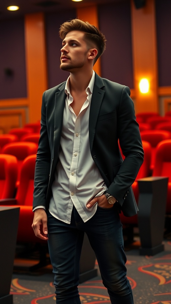 A smart casual outfit featuring a blazer and button-up shirt displayed in a theater setting.