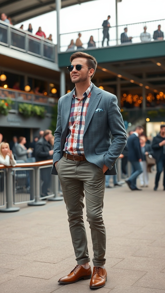 A man dressed in a smart casual outfit with a sport coat, plaid shirt, and brown shoes, standing confidently at a derby event.