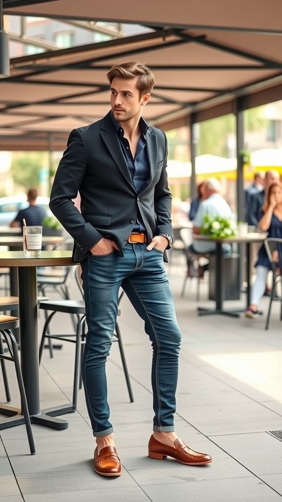 A man wearing a fitted blazer with skinny jeans and loafers, sitting at a cafe.