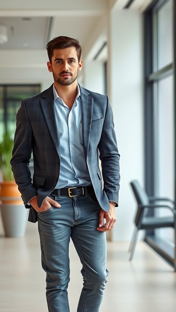 A man in a dark blazer, matching shirt, and grey jeans standing confidently in a modern setting.