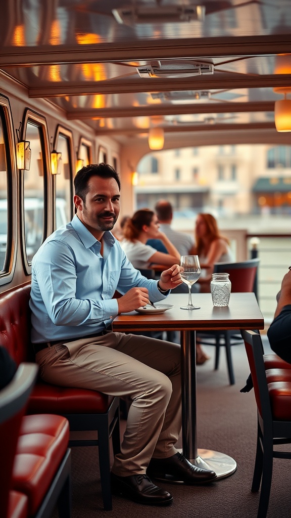 A man in a light blue shirt and chinos sitting at a table on a riverboat dinner cruise.