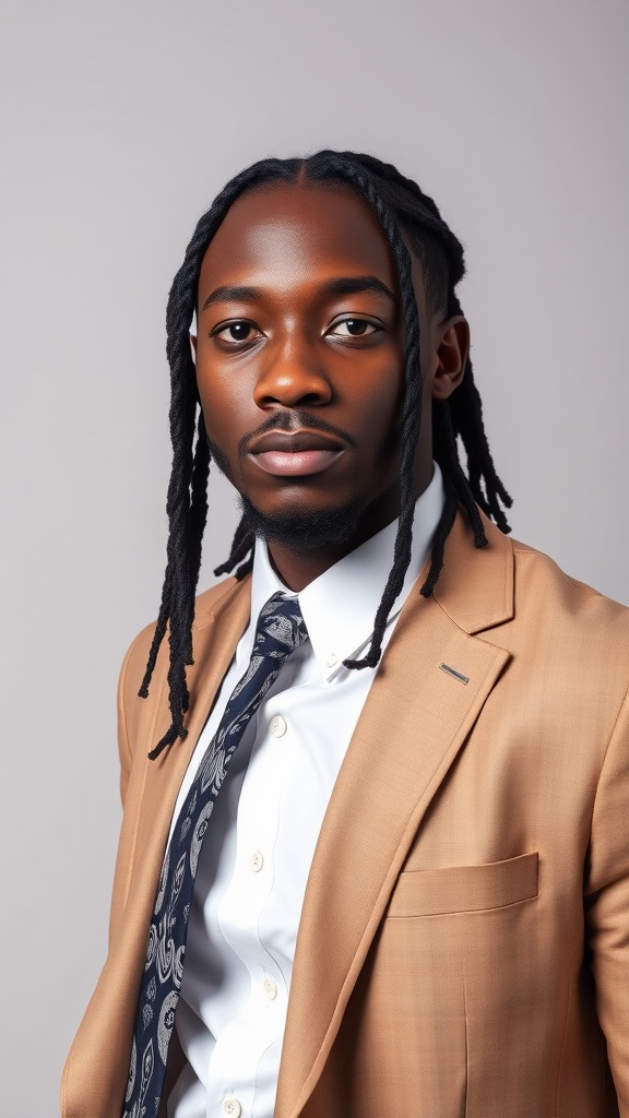 A man wearing a navy blazer, white shirt, and patterned tie, smiling confidently.