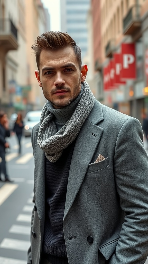 A stylish man wearing a layered outfit with a tailored coat, sweater, and scarf in a city setting.