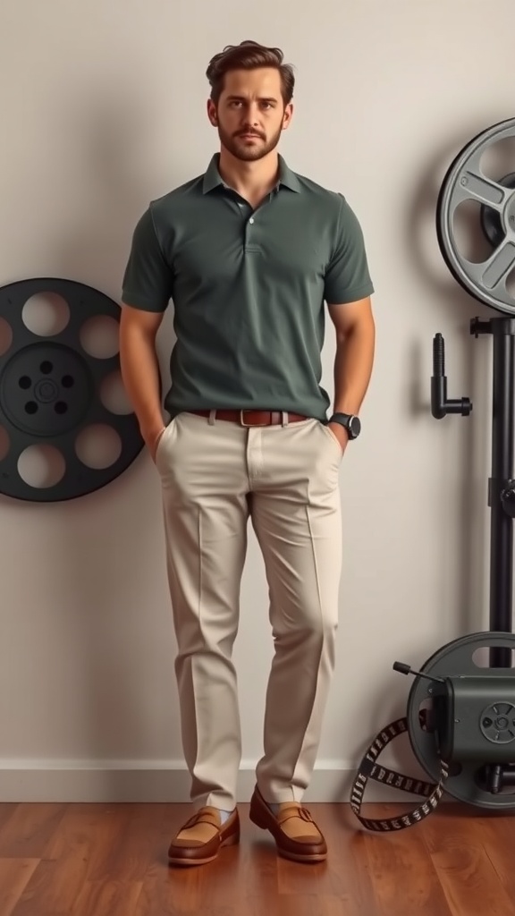 An outfit featuring a blue polo shirt, light beige chinos, and black loafers on a mannequin.