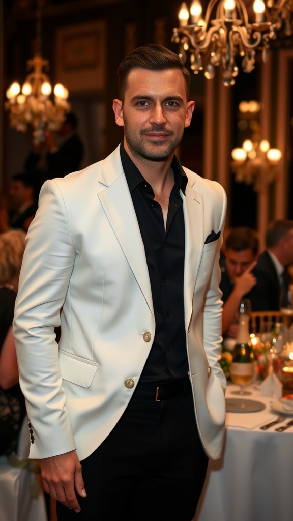 A man wearing a sophisticated white blazer over a dark shirt at an elegant event.