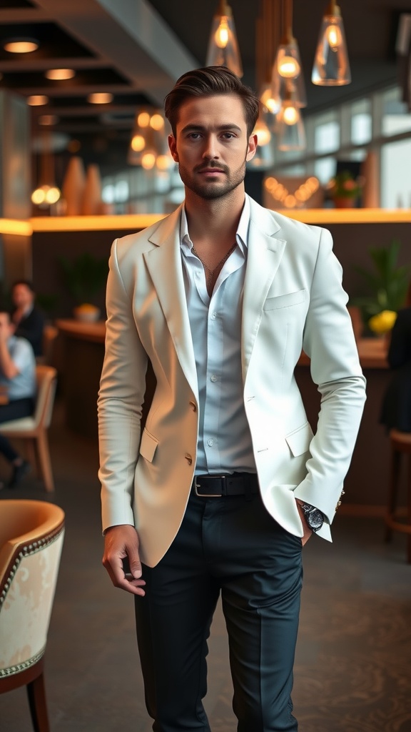 A man wearing a sophisticated white blazer with dark pants, standing confidently in a stylish setting.