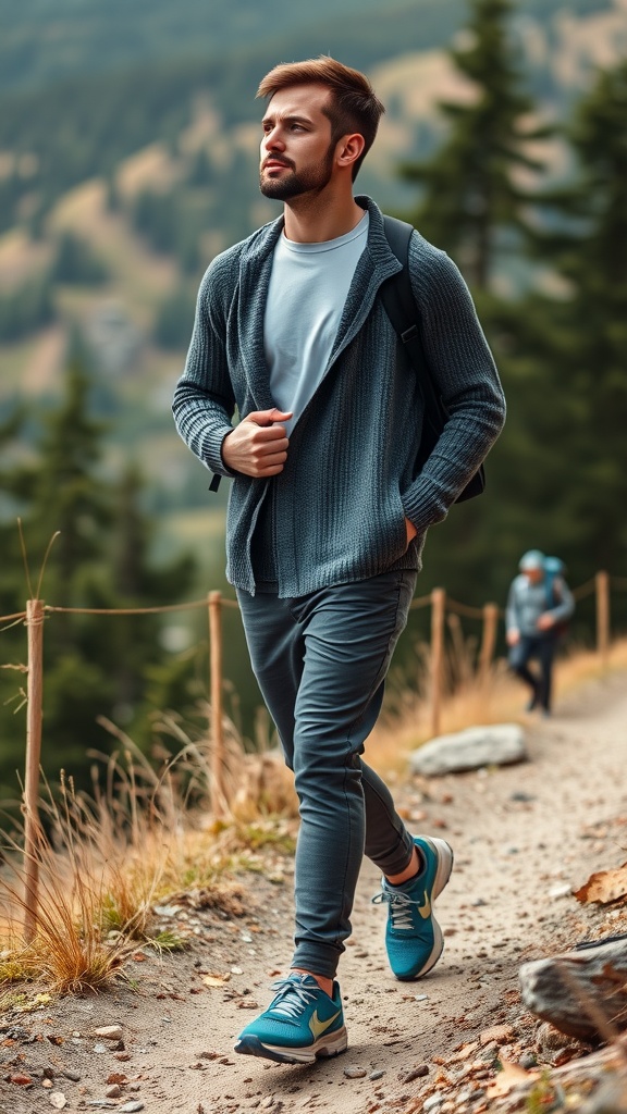 A man in a light blue cardigan and cap walking on a trail surrounded by nature.