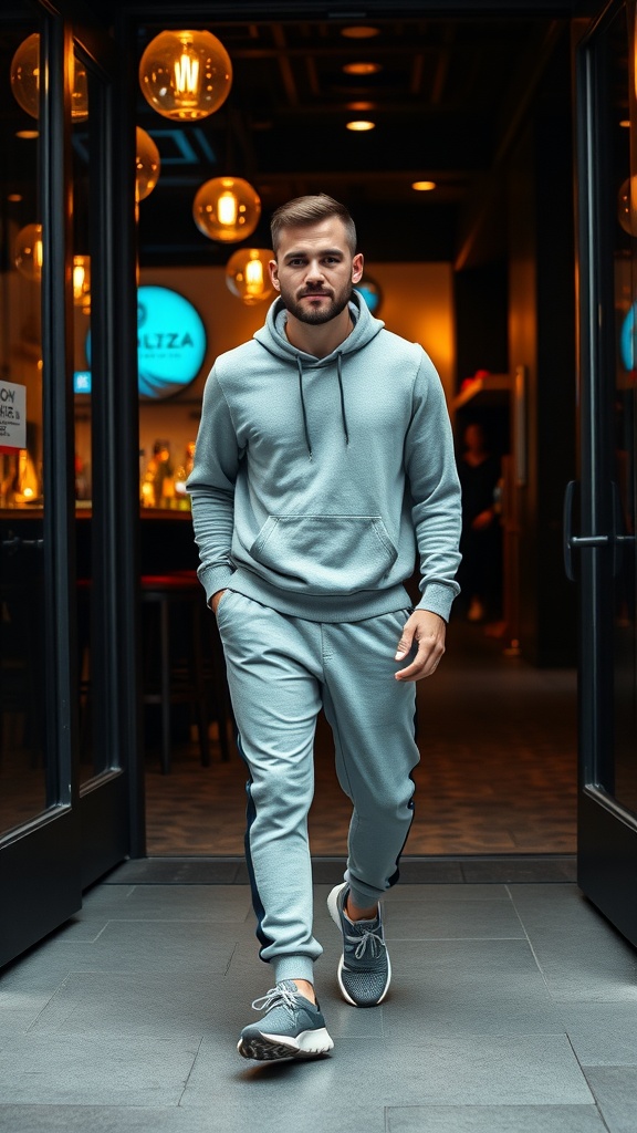 A man in a light blue hoodie and joggers walking out of a restaurant.