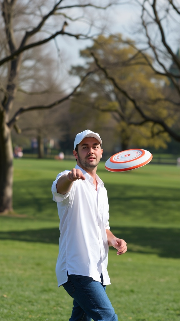 Young man in a white shirt and cap throwing a frisbee in a park.