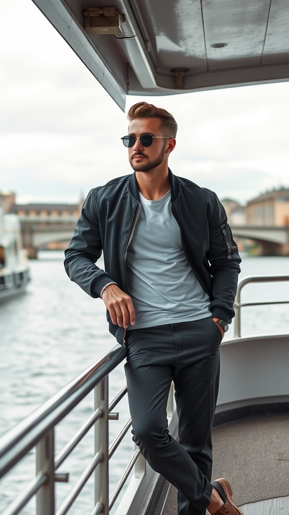 A stylish man in a bomber jacket and sunglasses leaning against a railing on a riverboat.