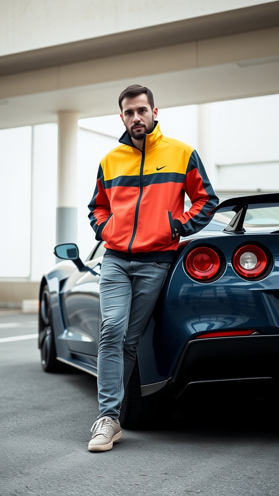 A man wearing a colorful track jacket with grey jeans, leaning against a blue sports car.