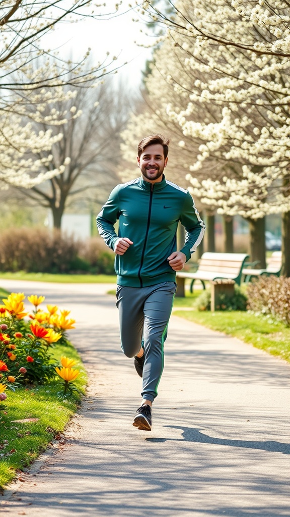 A man jogging in a sporty tracksuit in a vibrant spring park