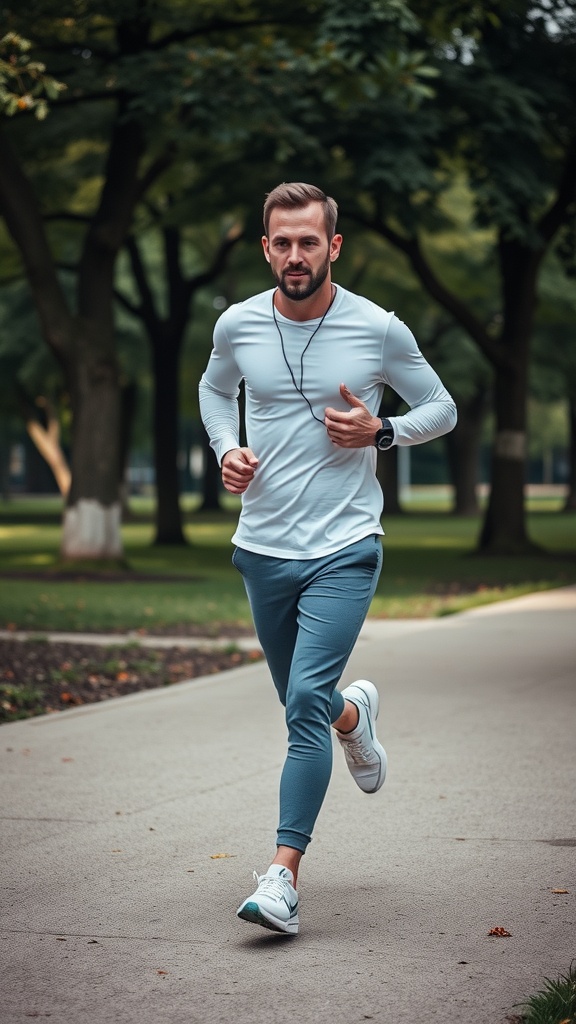 A man jogging in a light blue long-sleeve shirt and fitted joggers in a park.