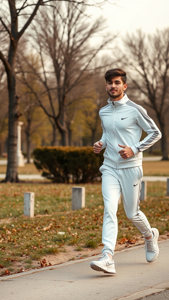 A young man jogging in a white sporty tracksuit in a park setting.