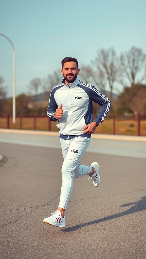 Man jogging in a sporty white tracksuit with blue accents