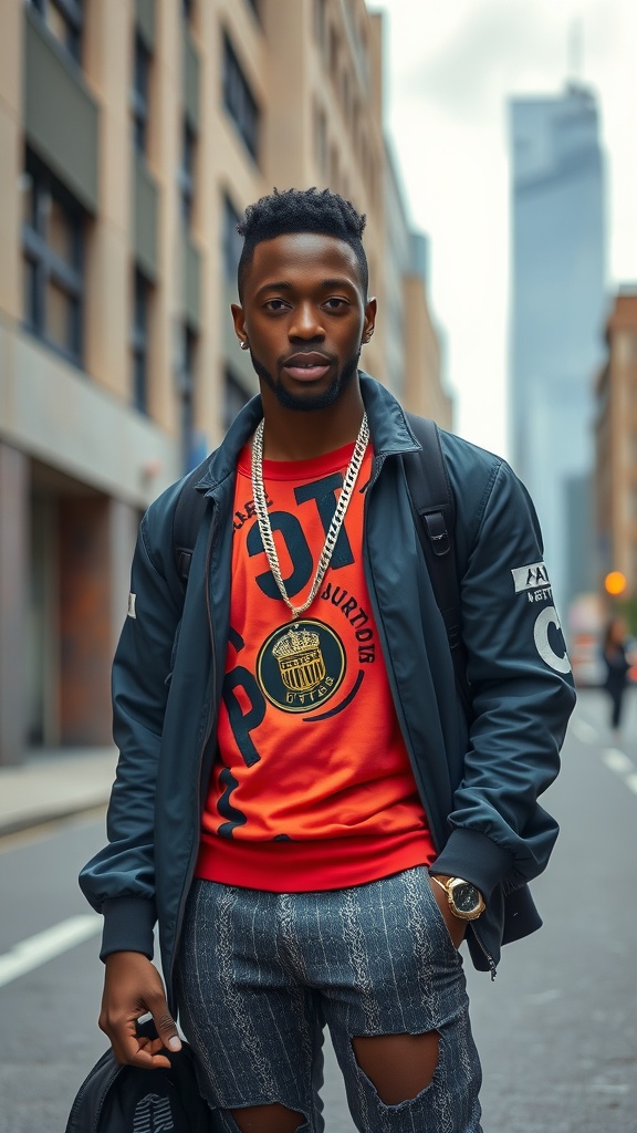 A stylish black man wearing a red sweatshirt, layered with a dark jacket, distressed jeans, and bold accessories, standing in an urban street.