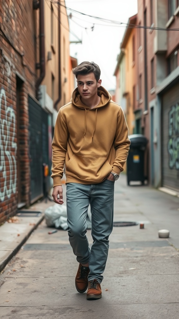 A young man walking in an alley, wearing a mustard hoodie and light grey jeans, paired with brown shoes.