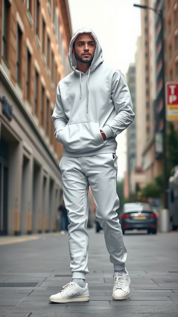 A young man in a grey hoodie and white track pants stands confidently on a city street.