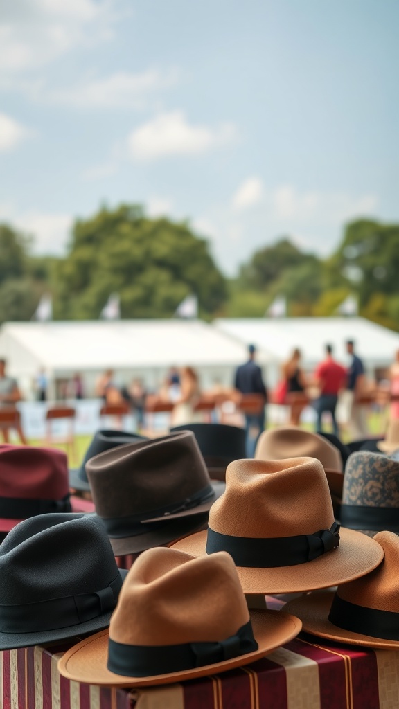 A collection of fedora hats in various colors displayed outdoors at a derby event.