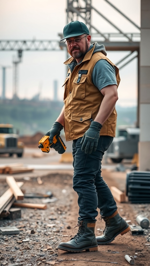 A man wearing a utility vest and work boots, standing on a construction site with tools in hand.