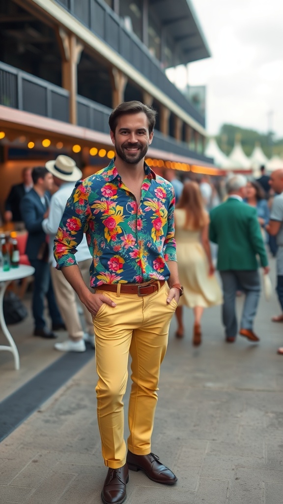 A man wearing vibrant floral shirt and yellow chinos, smiling at a derby event.