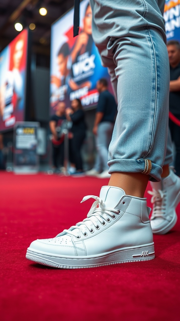 A close-up image of stylish white high-top sneakers on a red carpet.