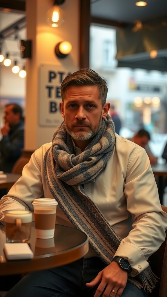 Man in a white shirt and striped scarf sitting at a café table with coffee.