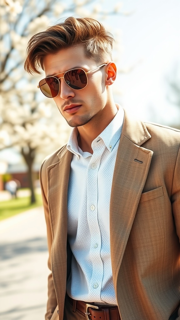 A young man wearing stylish sunglasses and a beige suit, looking confident outdoors