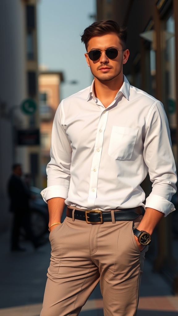 A man wearing a stylish white button-up shirt with sunglasses and beige trousers, showcasing a trendy casual look.