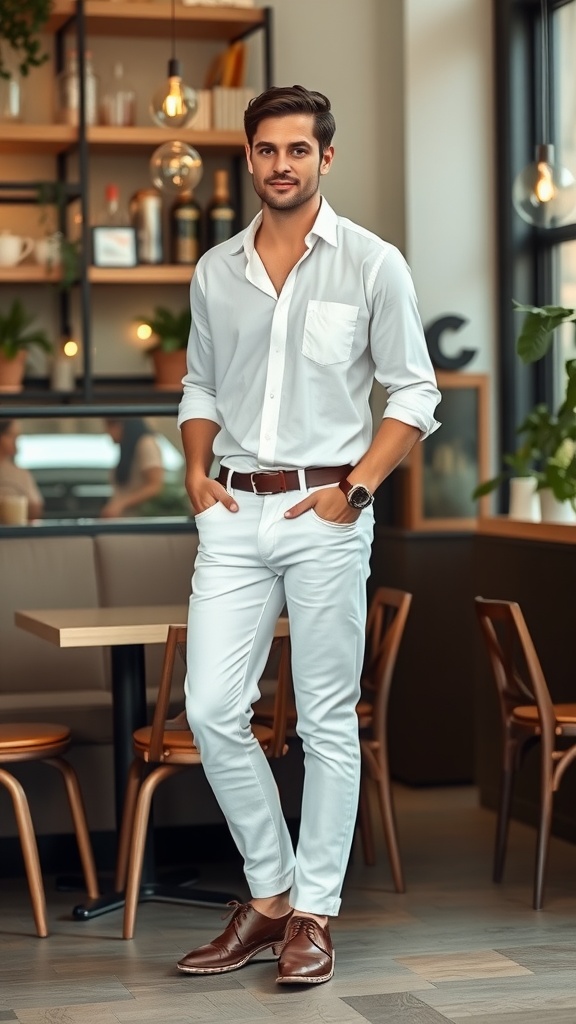 A man wearing white chinos and a white shirt, standing confidently in a stylish café.