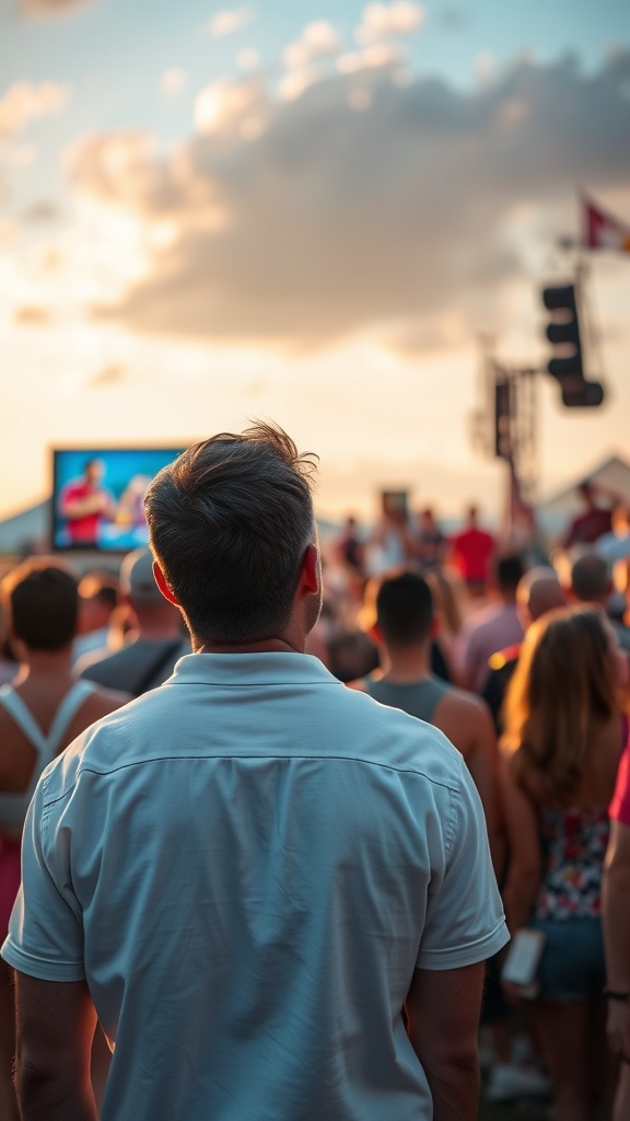 A man in a white shirt watching a live concert at a summer festival.