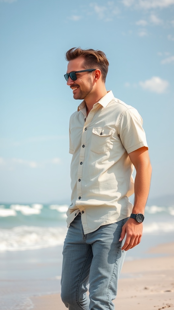 A man wearing a short-sleeve button-up shirt and grey jeans walking on the beach.