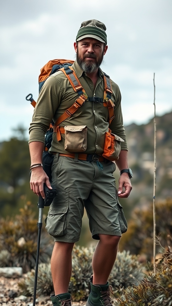 A rugged man wearing cargo shorts and tactical gear, ready for outdoor adventures.