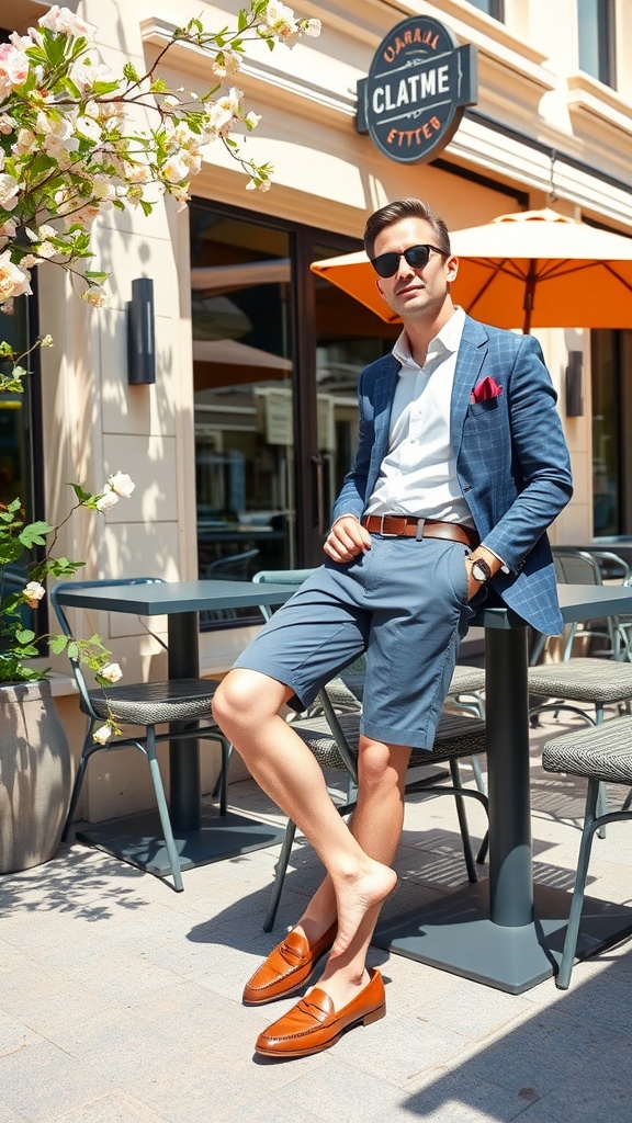 A man sitting at a café wearing tailored shorts and casual loafers.