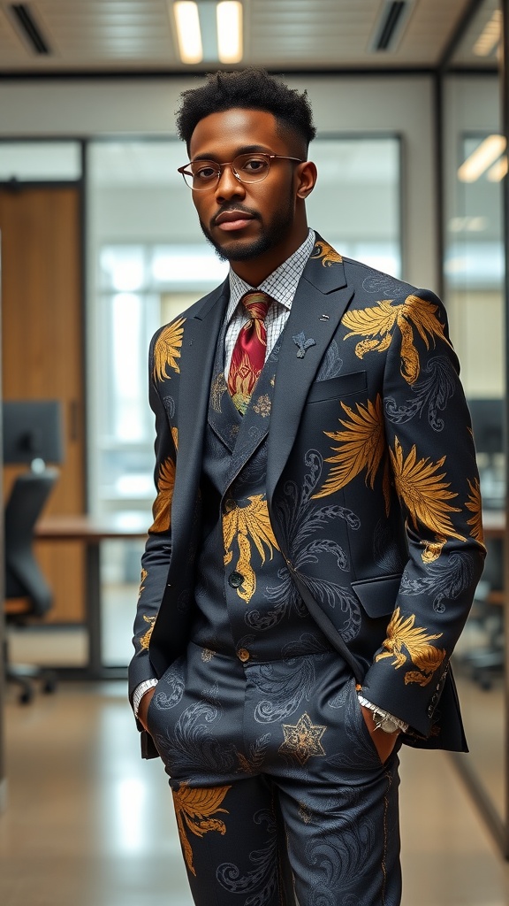 A stylish black man wearing a tailored navy suit with gold patterns, accessorized with a patterned tie and glasses.