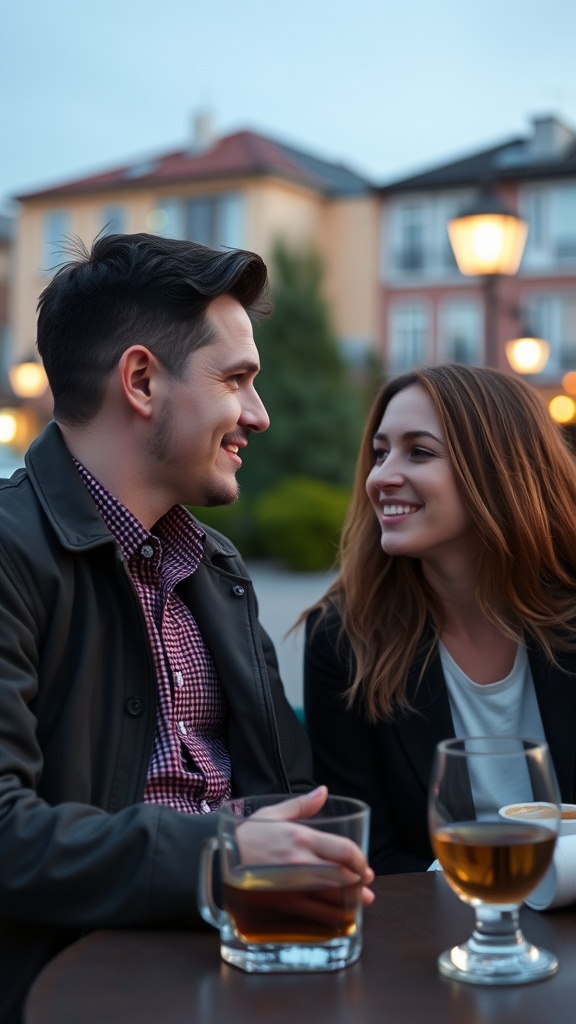 A couple smiling at each other while sitting at a table with drinks, showing a moment of connection.