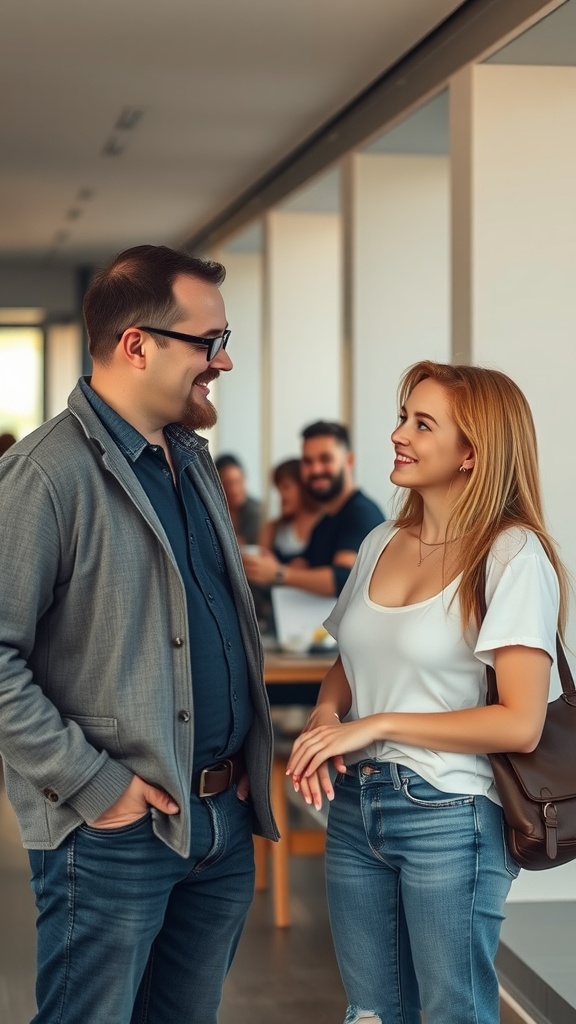 A man and woman having a friendly conversation, suggesting a moment of flirting.