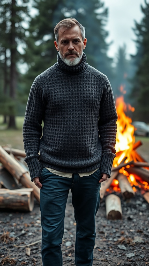 A rugged man wearing a thick wool sweater, standing in front of a campfire with logs stacked behind him.