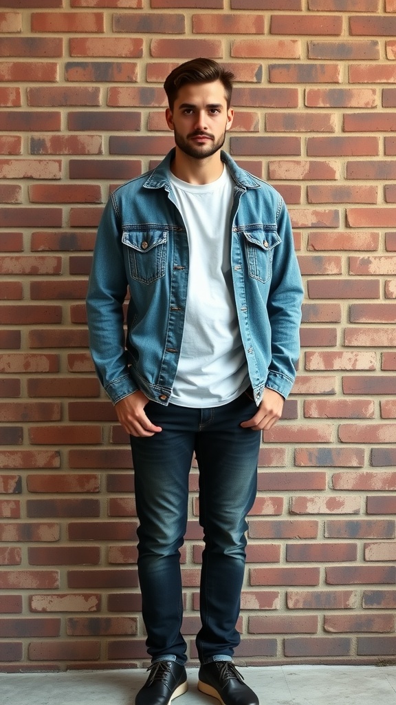 A man wearing a light wash denim jacket over a white t-shirt and dark jeans, standing against a brick wall.