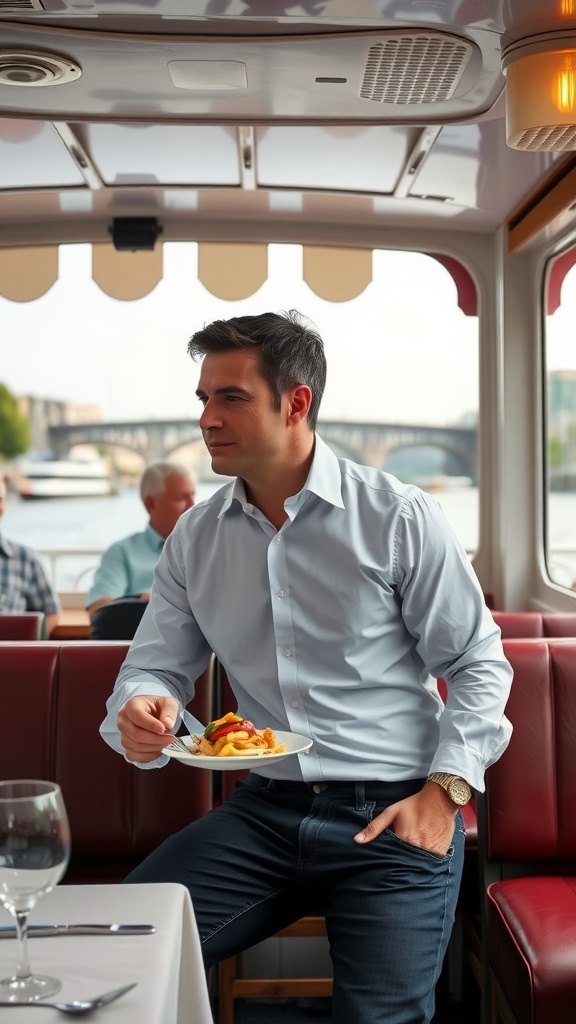 A man wearing a light blue shirt sitting at a table on a riverboat, holding a plate of food.