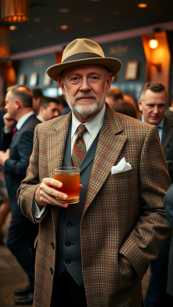 A man in a traditional tweed jacket holding a drink at a social event.