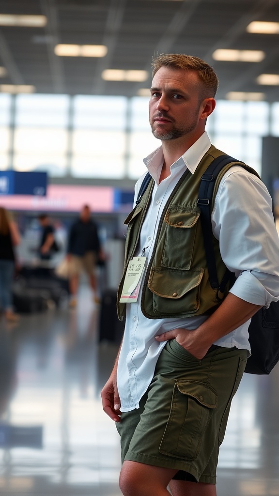 Man in a utility vest over a white shirt at the airport.