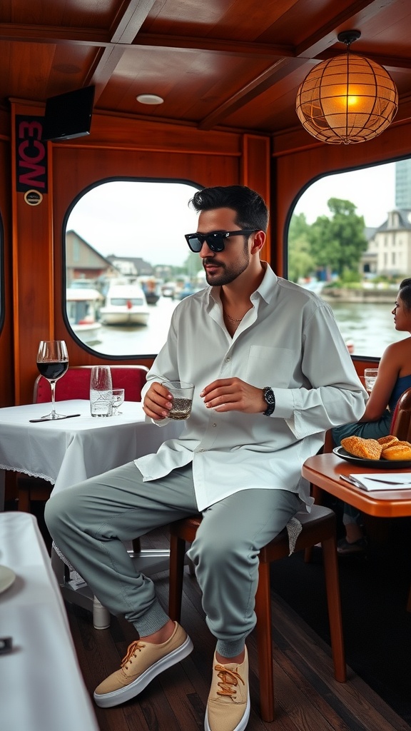 A man in casual streetwear on a riverboat, looking at his phone.