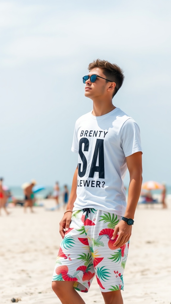 Young man wearing a white graphic tee and colorful shorts on a beach