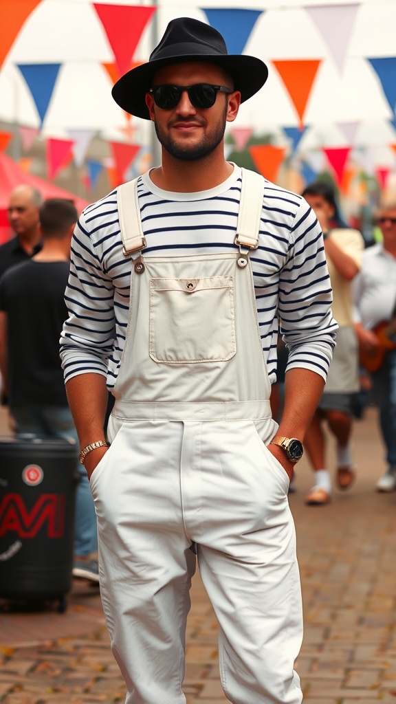 A man wearing white overalls with a striped shirt and a black hat at an outdoor event