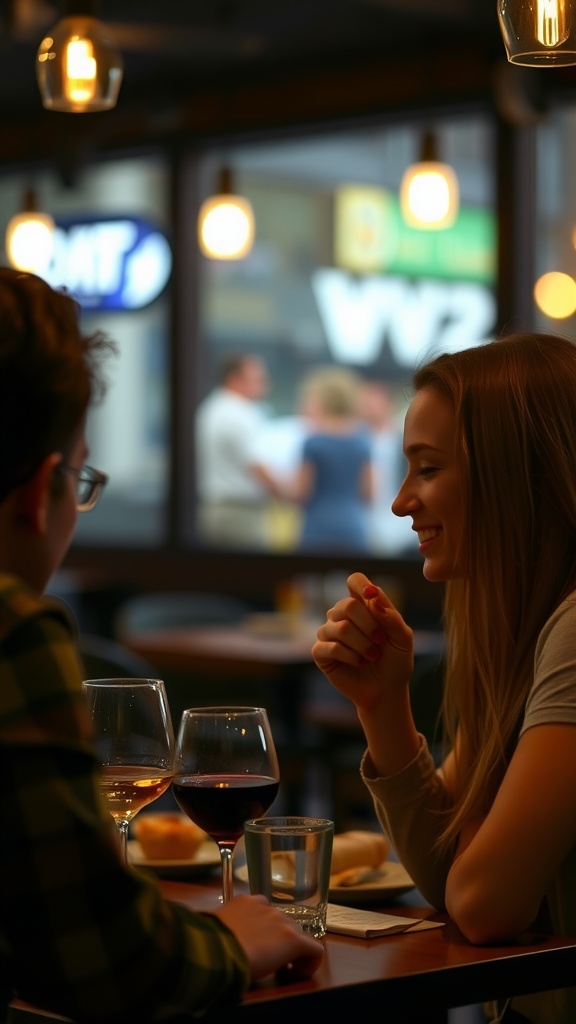 A couple enjoying drinks and a meal together at a cozy restaurant, smiling and engaged in conversation.